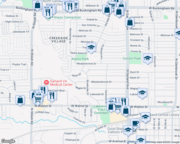 map of restaurants, bars, coffee shops, grocery stores, and more near 1569 Dent Street in Garland