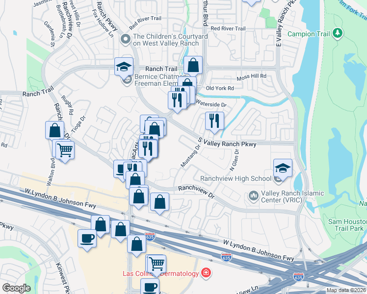 map of restaurants, bars, coffee shops, grocery stores, and more near 528 Southridge Way in Irving