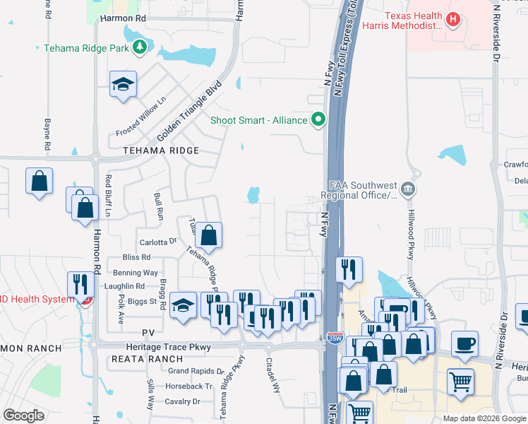 map of restaurants, bars, coffee shops, grocery stores, and more near 2625 Calistoga Drive in Fort Worth