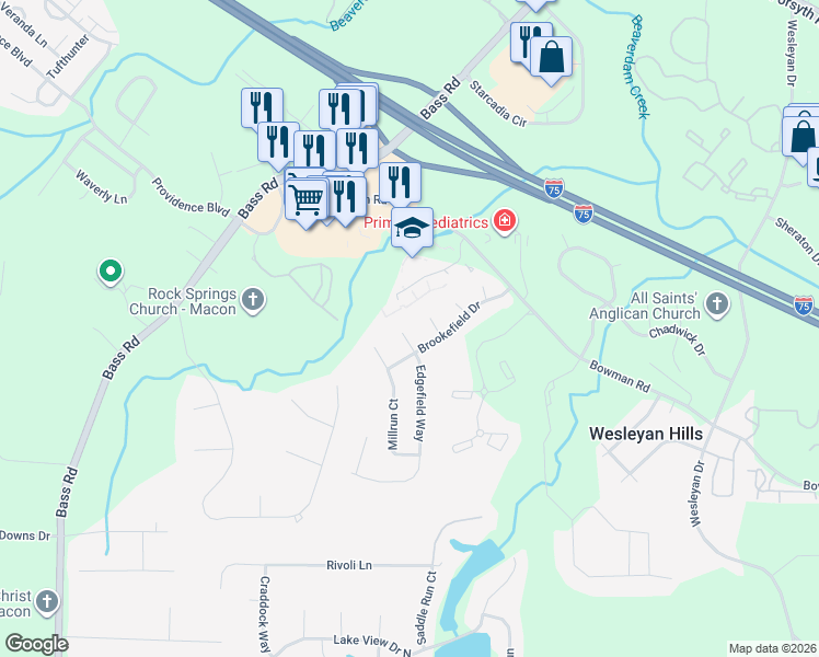 map of restaurants, bars, coffee shops, grocery stores, and more near 414 Amberly Court in Macon
