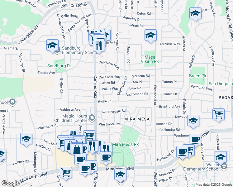 map of restaurants, bars, coffee shops, grocery stores, and more near 11034 Sagittarius Road in San Diego