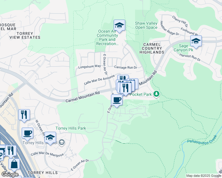 map of restaurants, bars, coffee shops, grocery stores, and more near Carmel Mountain Road & East Ocean Air Drive in San Diego