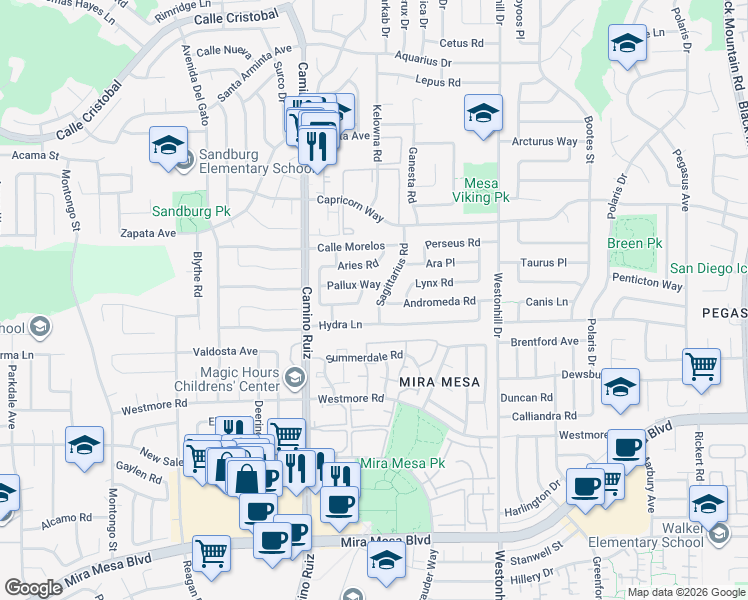 map of restaurants, bars, coffee shops, grocery stores, and more near 11034 Sagittarius Road in San Diego