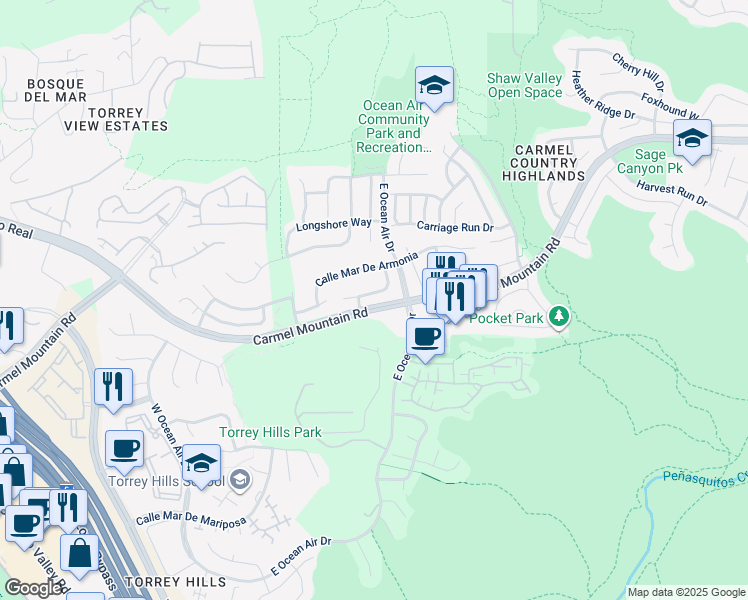 map of restaurants, bars, coffee shops, grocery stores, and more near 4538 Vereda Mar De Ponderosa in San Diego