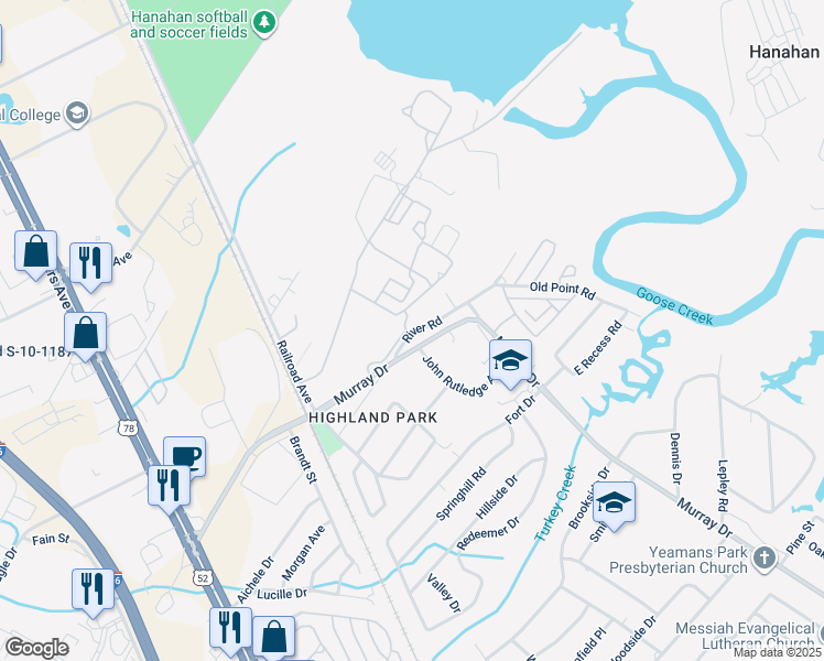 map of restaurants, bars, coffee shops, grocery stores, and more near 6312 River Road in Hanahan