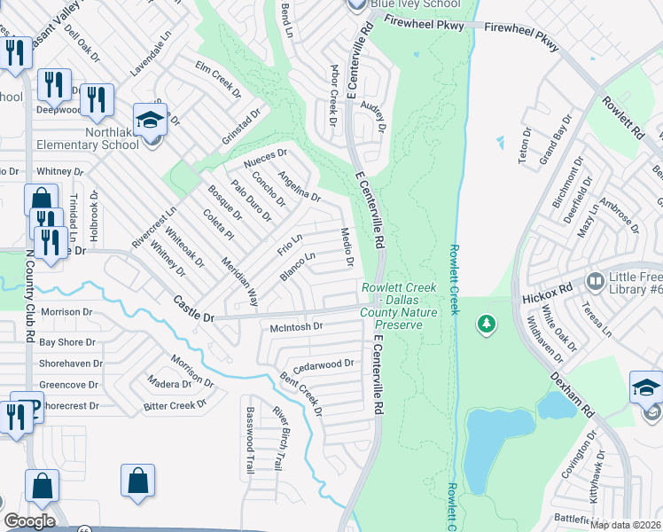 map of restaurants, bars, coffee shops, grocery stores, and more near 933 Medio Drive in Garland