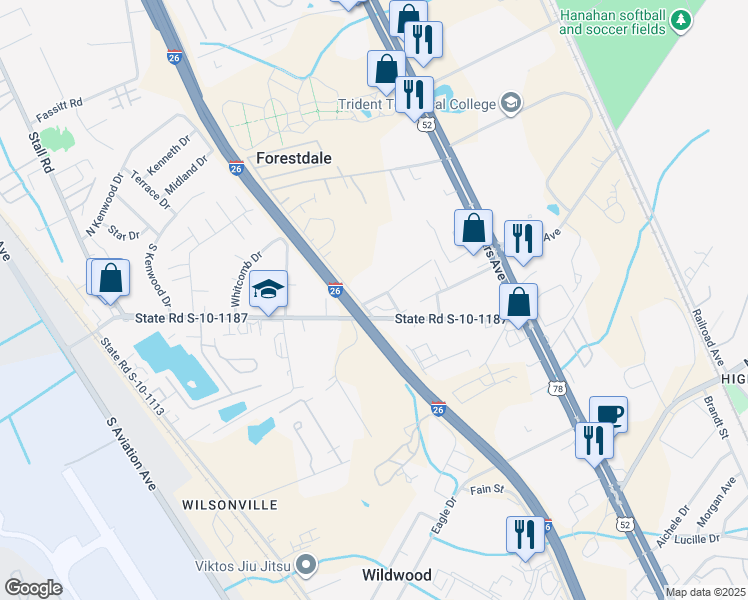 map of restaurants, bars, coffee shops, grocery stores, and more near in Charleston