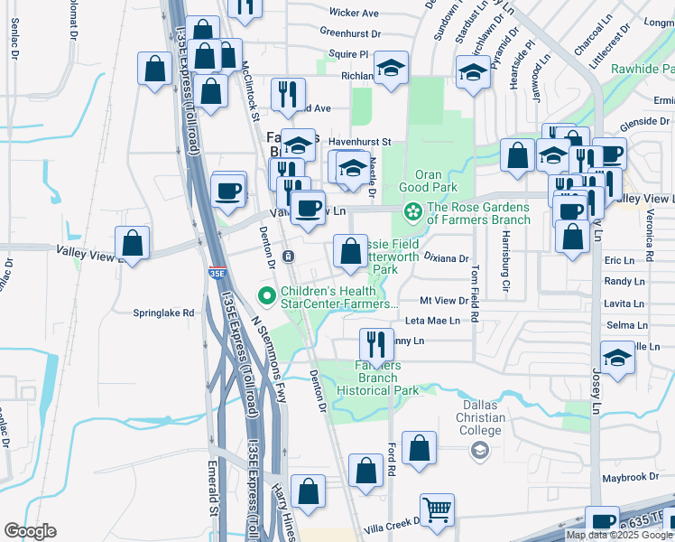 map of restaurants, bars, coffee shops, grocery stores, and more near 12823 Demetra Drive in Farmers Branch