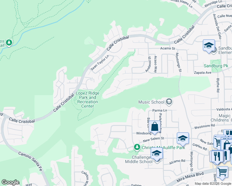 map of restaurants, bars, coffee shops, grocery stores, and more near 7305 Rock Canyon Drive in San Diego