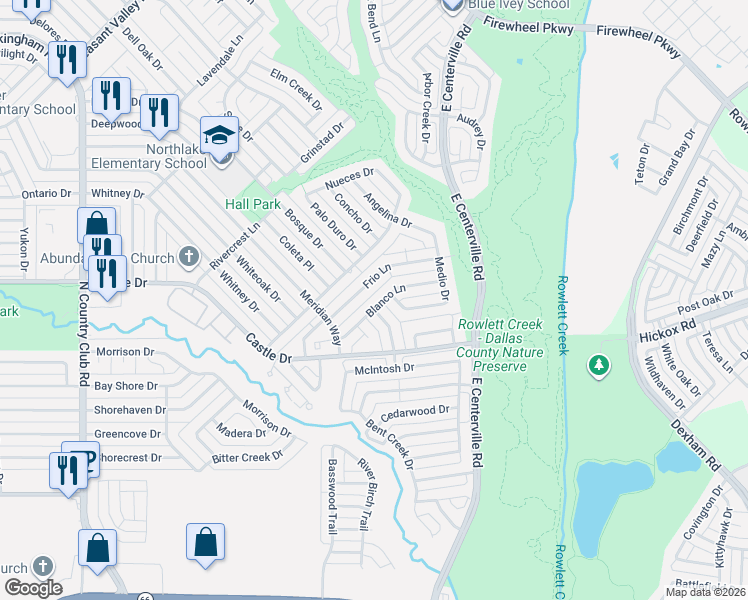 map of restaurants, bars, coffee shops, grocery stores, and more near 1314 Frio Lane in Garland