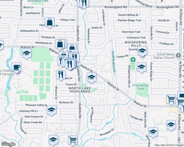 map of restaurants, bars, coffee shops, grocery stores, and more near 9944 Walnut Street in Dallas