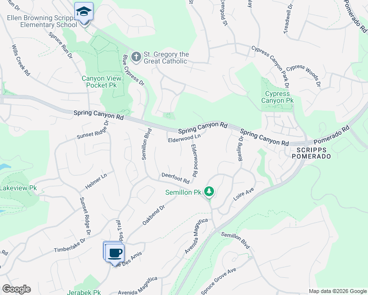 map of restaurants, bars, coffee shops, grocery stores, and more near 10965 Elderwood Court in San Diego