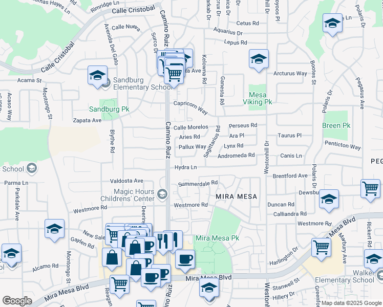 map of restaurants, bars, coffee shops, grocery stores, and more near 8460 Borealis Road in San Diego
