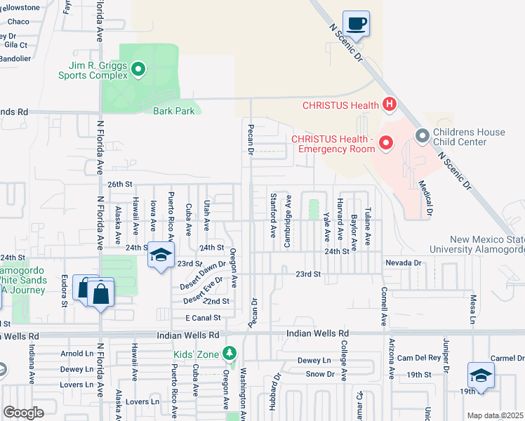 map of restaurants, bars, coffee shops, grocery stores, and more near 2509 Stanford Avenue in Alamogordo