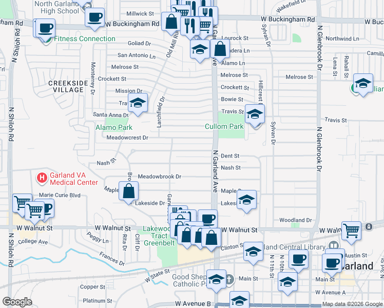 map of restaurants, bars, coffee shops, grocery stores, and more near 1425 Dent Street in Garland