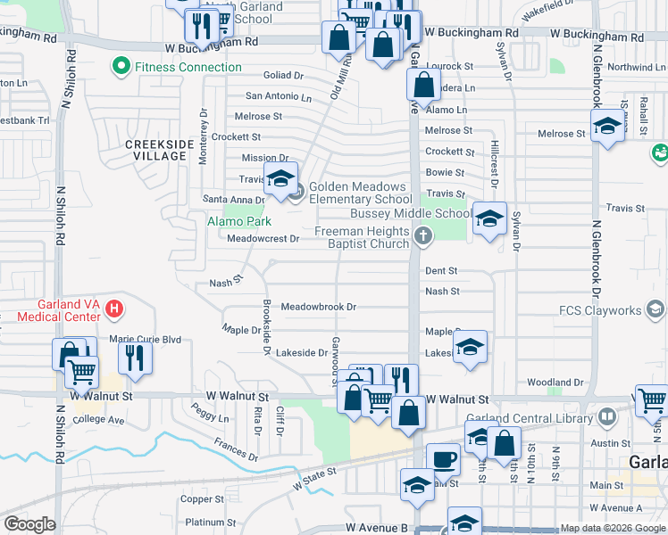 map of restaurants, bars, coffee shops, grocery stores, and more near 1509 Dent Street in Garland