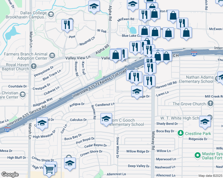 map of restaurants, bars, coffee shops, grocery stores, and more near 4123 Rosser Square in Dallas