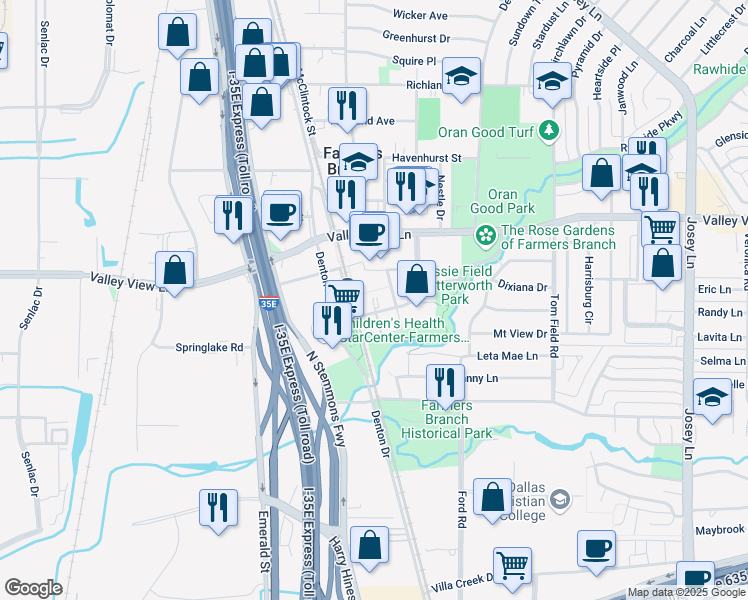 map of restaurants, bars, coffee shops, grocery stores, and more near 2500 Pepperwood Street in Farmers Branch