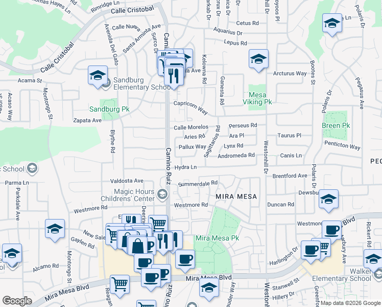 map of restaurants, bars, coffee shops, grocery stores, and more near 8460 Borealis Road in San Diego