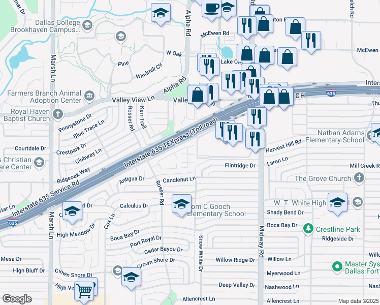 map of restaurants, bars, coffee shops, grocery stores, and more near 4123 Rosser Square in Dallas