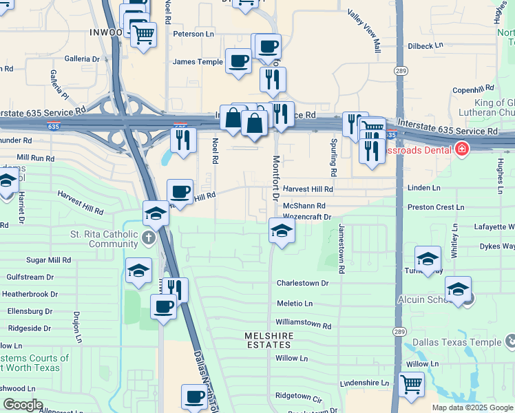 map of restaurants, bars, coffee shops, grocery stores, and more near 5580 Harvest Hill Road in Dallas