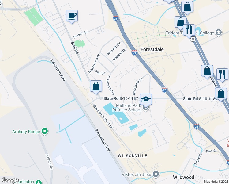 map of restaurants, bars, coffee shops, grocery stores, and more near 6935 South Kenwood Drive in North Charleston
