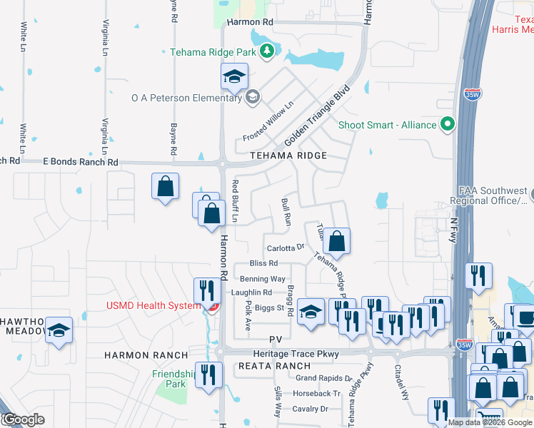 map of restaurants, bars, coffee shops, grocery stores, and more near 10101 Merrill Lane in Fort Worth