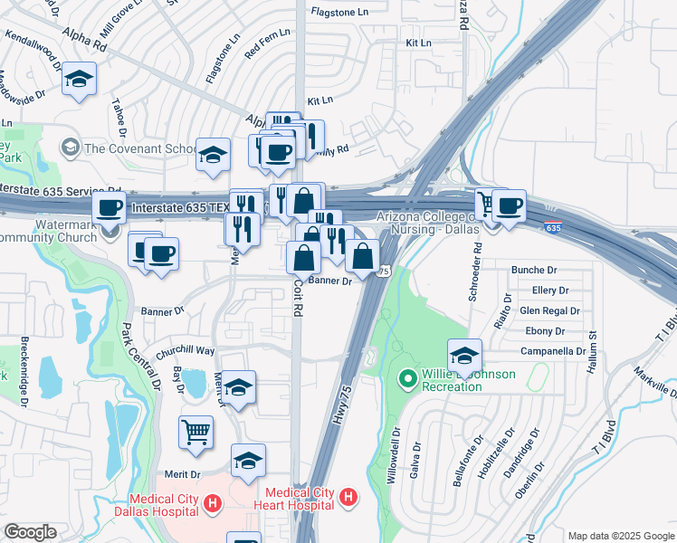 map of restaurants, bars, coffee shops, grocery stores, and more near 12801 North Central Expressway in Dallas