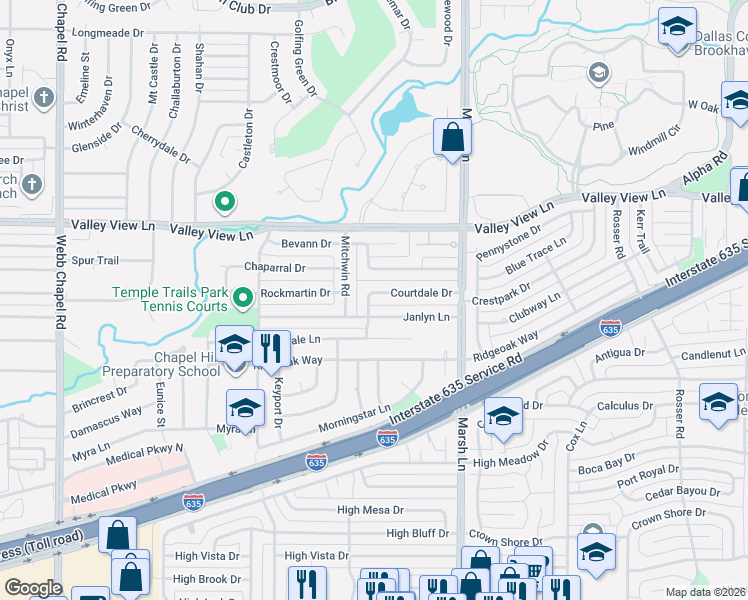 map of restaurants, bars, coffee shops, grocery stores, and more near 3611 Courtdale Drive in Farmers Branch