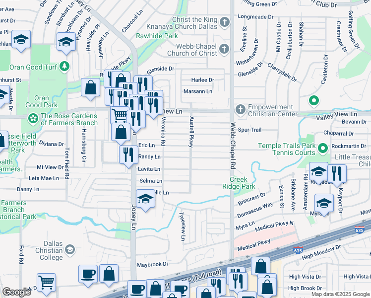 map of restaurants, bars, coffee shops, grocery stores, and more near 2973 Eric Lane in Farmers Branch