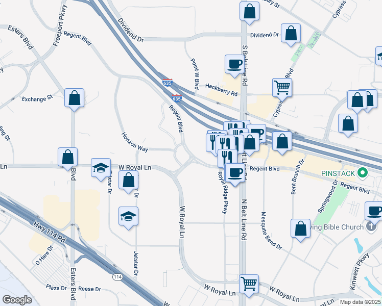 map of restaurants, bars, coffee shops, grocery stores, and more near 3701 Regent Boulevard in Irving