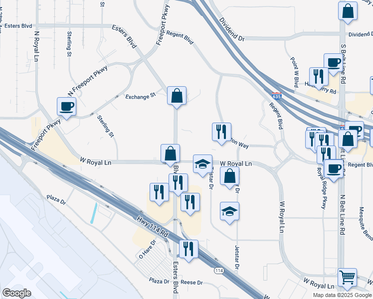 map of restaurants, bars, coffee shops, grocery stores, and more near 8300 Esters Boulevard in Irving