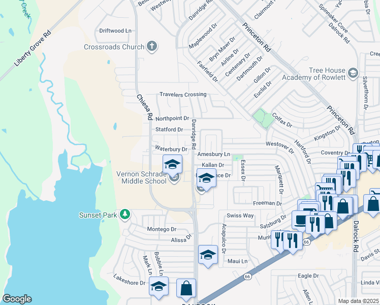 map of restaurants, bars, coffee shops, grocery stores, and more near 7001 New Bury Court in Rowlett