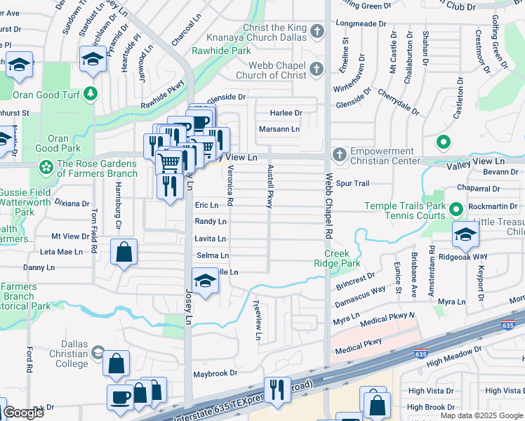 map of restaurants, bars, coffee shops, grocery stores, and more near 2973 Eric Lane in Farmers Branch