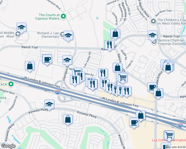 map of restaurants, bars, coffee shops, grocery stores, and more near 8627 Knox Street in Irving