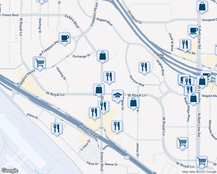 map of restaurants, bars, coffee shops, grocery stores, and more near 8300 Esters Boulevard in Irving