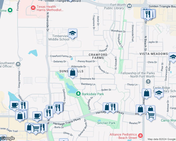map of restaurants, bars, coffee shops, grocery stores, and more near 10017 Sedgewick Road in Fort Worth