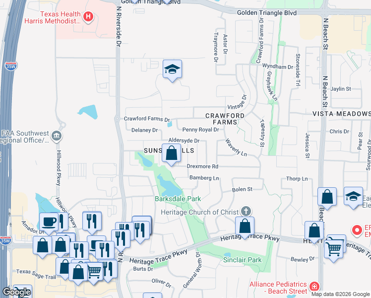map of restaurants, bars, coffee shops, grocery stores, and more near 10016 Channing Road in Fort Worth