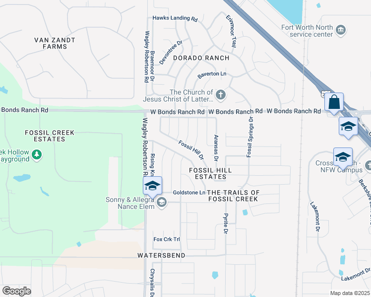 map of restaurants, bars, coffee shops, grocery stores, and more near 10533 Fossil Hill Drive in Fort Worth