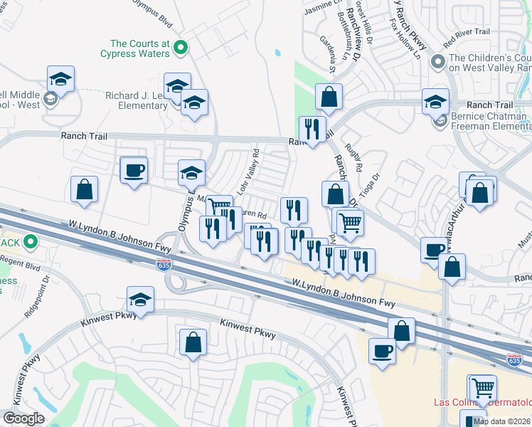 map of restaurants, bars, coffee shops, grocery stores, and more near 8604 Calvin Road in Irving