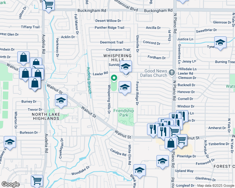 map of restaurants, bars, coffee shops, grocery stores, and more near 12743 Hornbeam Drive in Dallas