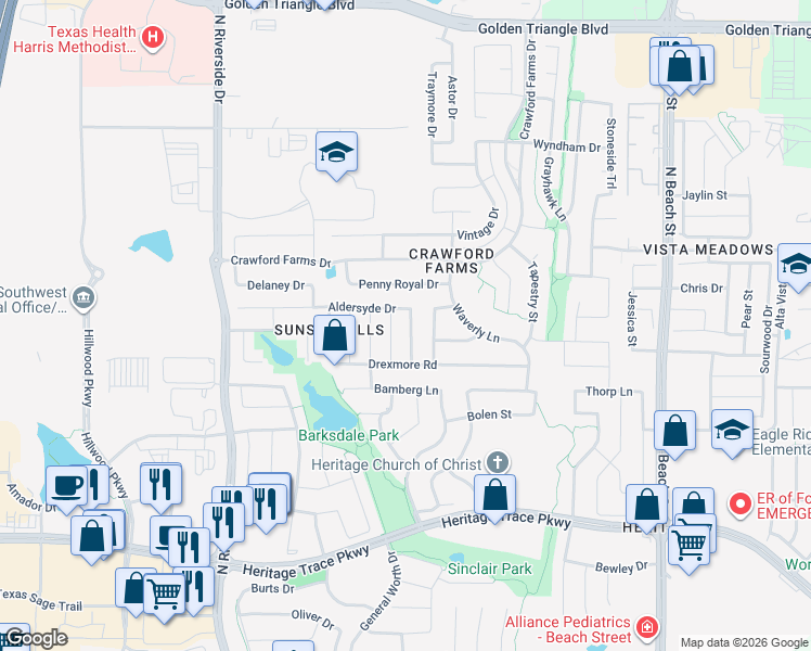map of restaurants, bars, coffee shops, grocery stores, and more near 10017 Sedgewick Road in Fort Worth