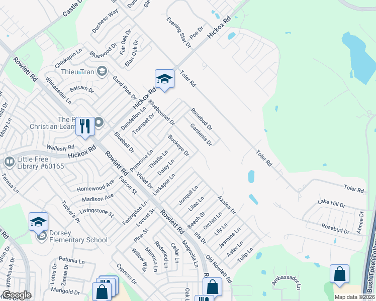 map of restaurants, bars, coffee shops, grocery stores, and more near 6504 Buckeye Drive in Rowlett