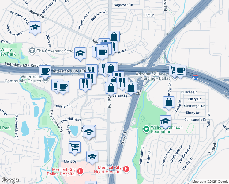 map of restaurants, bars, coffee shops, grocery stores, and more near 12770 Coit Road in Dallas