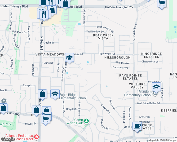 map of restaurants, bars, coffee shops, grocery stores, and more near 10208 Canary Lane in Fort Worth