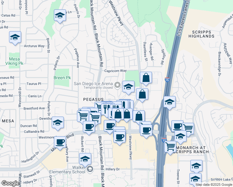 map of restaurants, bars, coffee shops, grocery stores, and more near 9614 Galvin Avenue in San Diego