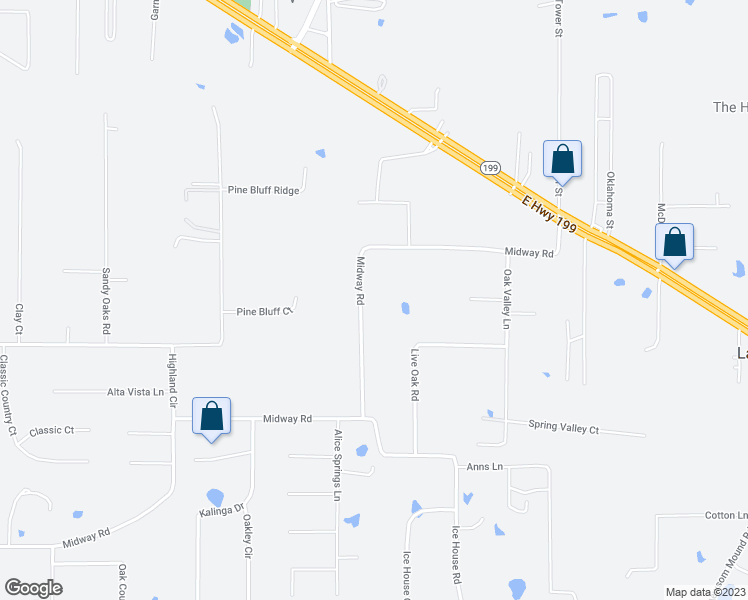 map of restaurants, bars, coffee shops, grocery stores, and more near 6500 Midway Road in Springtown