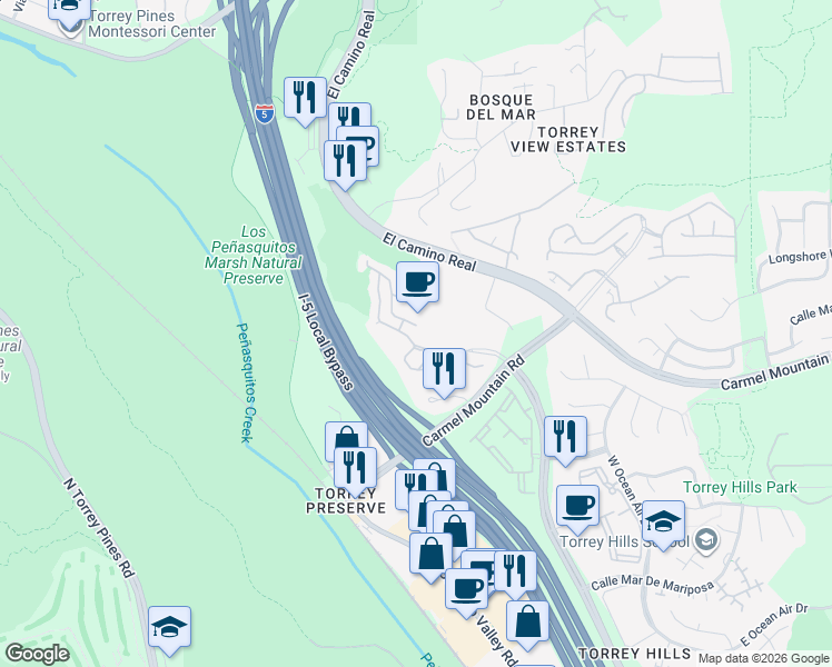map of restaurants, bars, coffee shops, grocery stores, and more near 3562 Torrey View Court in San Diego
