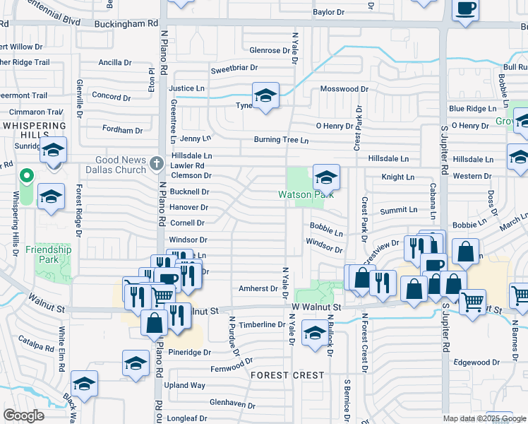 map of restaurants, bars, coffee shops, grocery stores, and more near 4105 Bucknell Drive in Garland