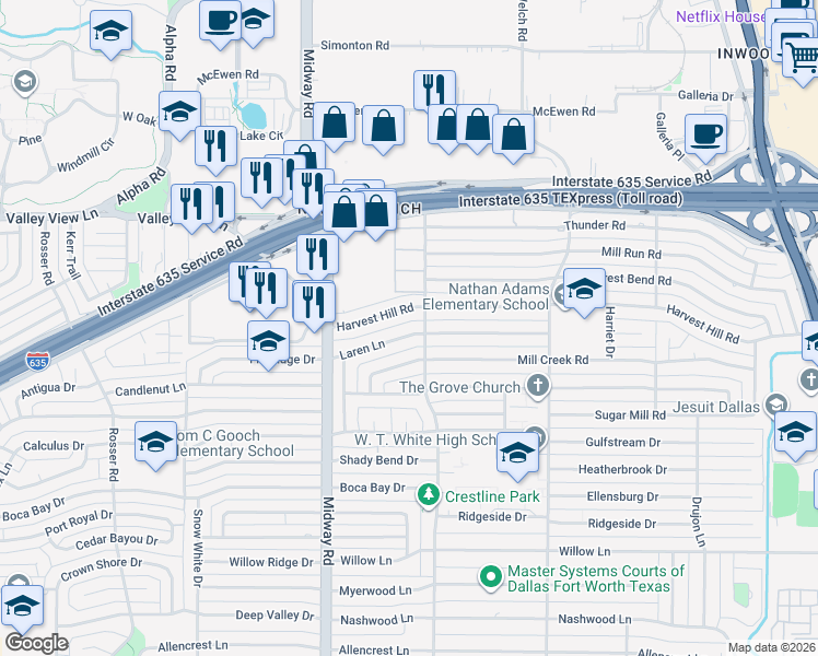 map of restaurants, bars, coffee shops, grocery stores, and more near 4326 Harvest Hill Road in Dallas